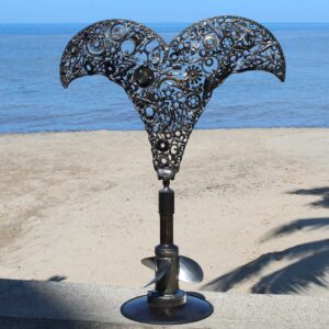 5016 One-of-a-Kind Rotating Upcycled Metal Whale Tail Sculpture with Boat Propeller Base